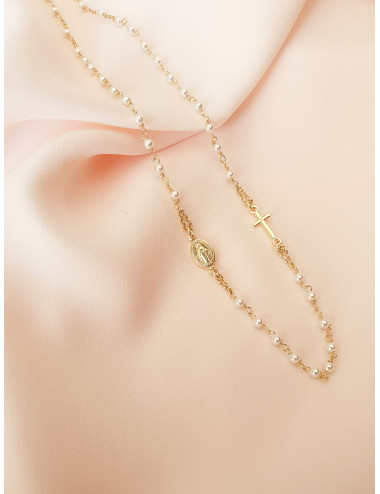 COLAR MEDALHA MILAGROSA E CRUZ PÉROLAS