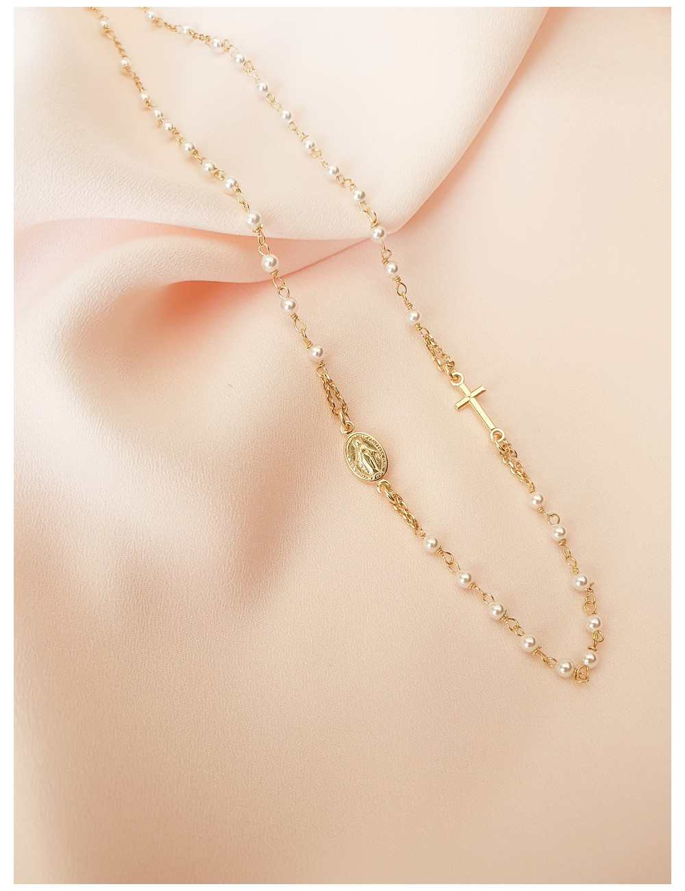 COLAR MEDALHA MILAGROSA E CRUZ PÉROLAS