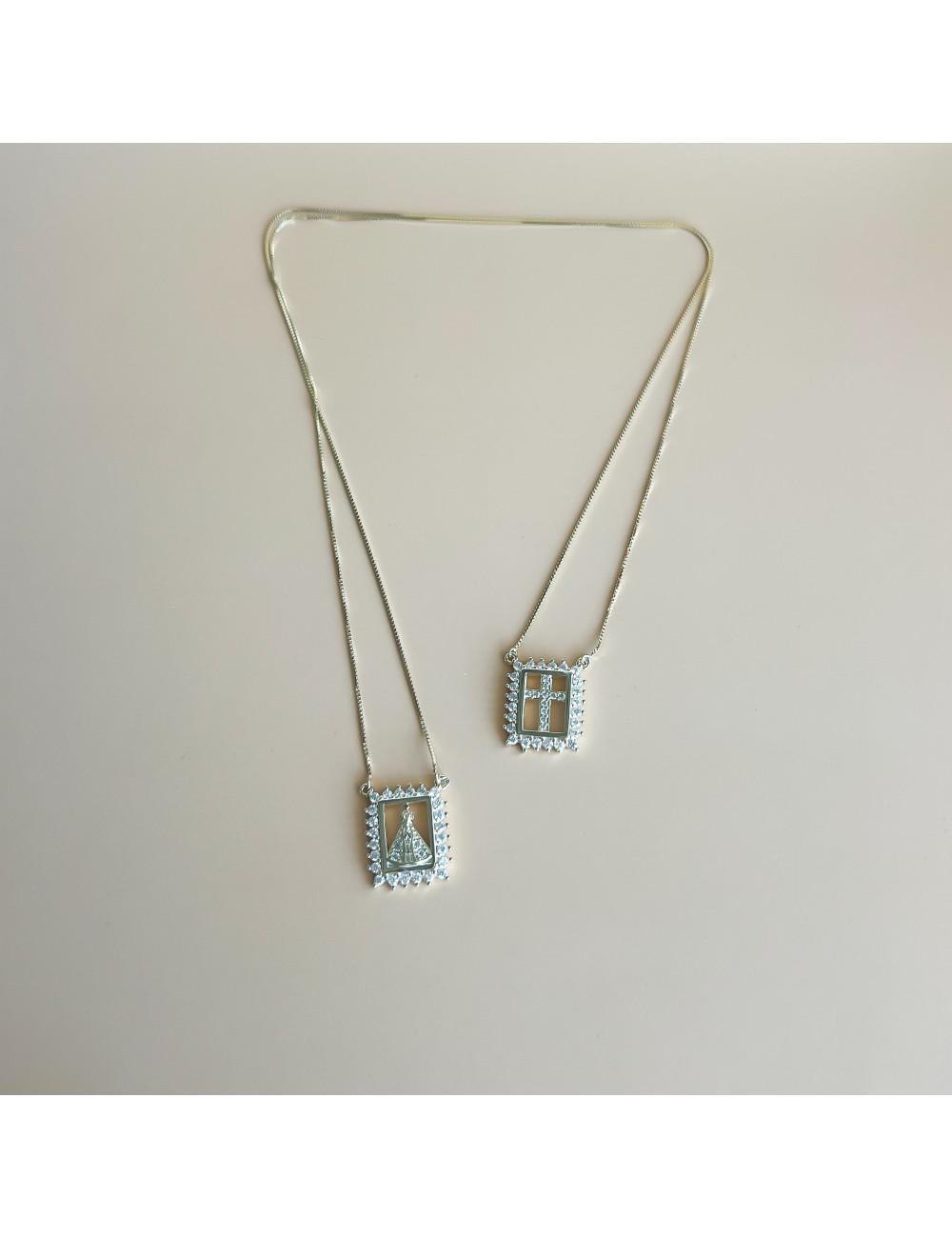 Escapulário Sra Aparecida e Cruz Prata Dourada