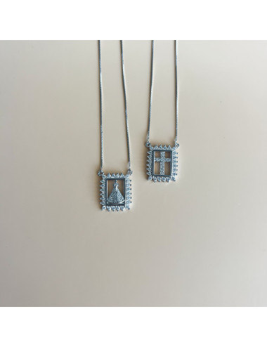 Escapulário Sra Aparecida e Cruz Prata