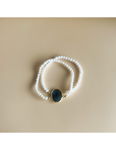 Pulseira dupla pérolas e pedra azul Prata dourada