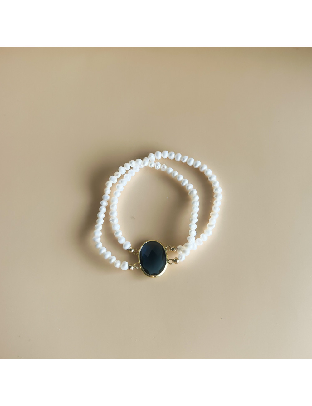 Pulseira dupla pérolas e pedra azul Prata dourada