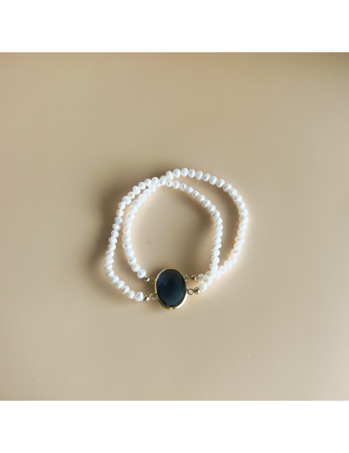 Pulseira dupla pérolas e pedra azul Prata dourada