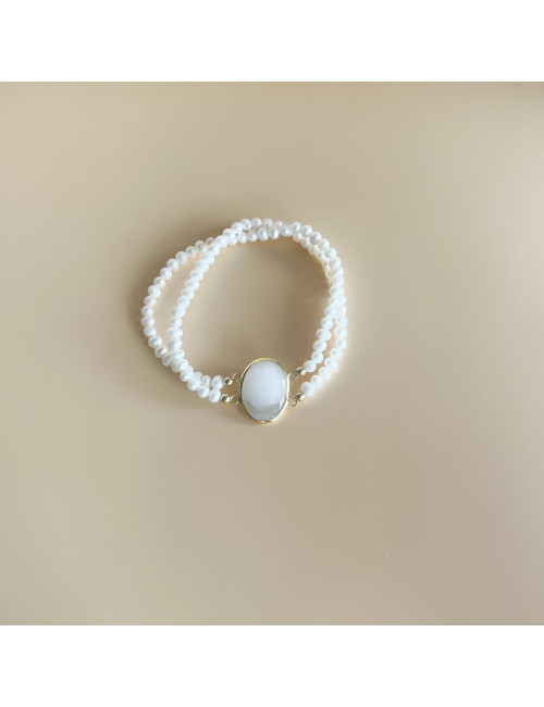 Pulseira dupla pérolas e pedra Branca Prata dourada