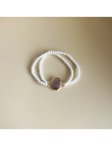 Pulseira dupla pérolas e pedra rosa Prata dourada