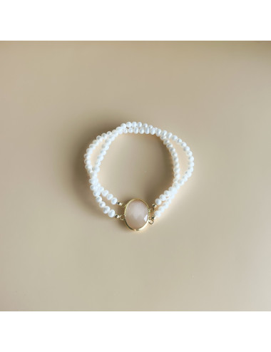 Pulseira dupla pérolas e pedra salmão Prata dourada
