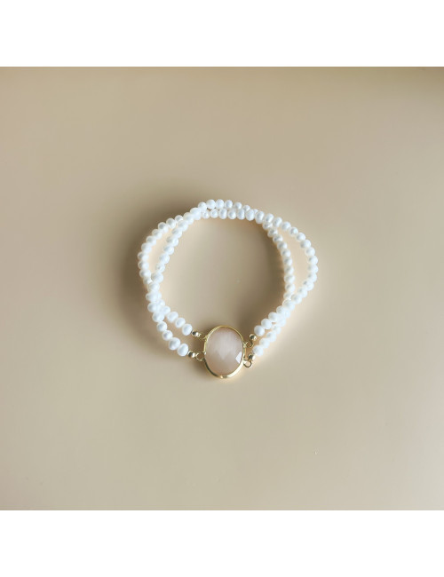 Pulseira dupla pérolas e pedra salmão Prata dourada