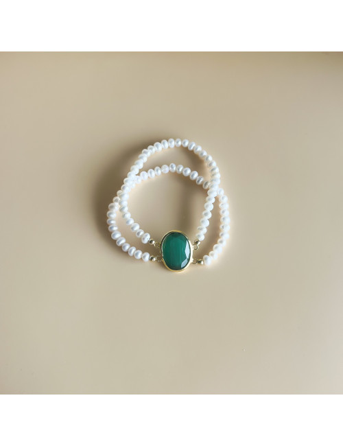 Pulseira dupla pérolas e pedra verde Prata dourada