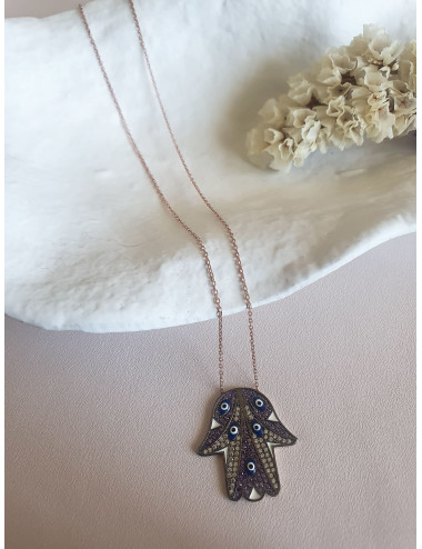 COLAR HAMSA HAND EYE BEAUTY PURPLE ROSE GOLD